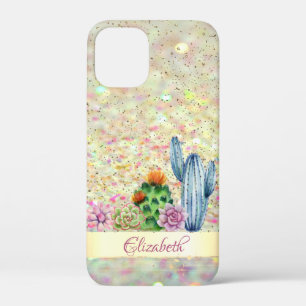Watercolor Cactus,Succulent Glitter Bokeh  iPhone 12 Mini Case