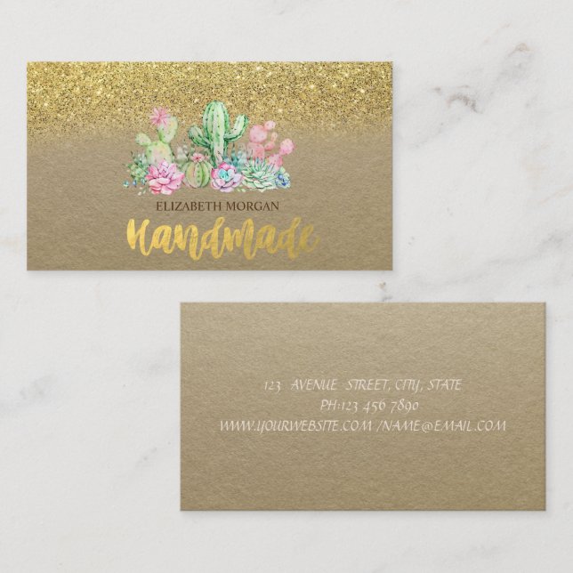Watercolor Cactus,Succulent Gold Glitter  Business Card (Front/Back)