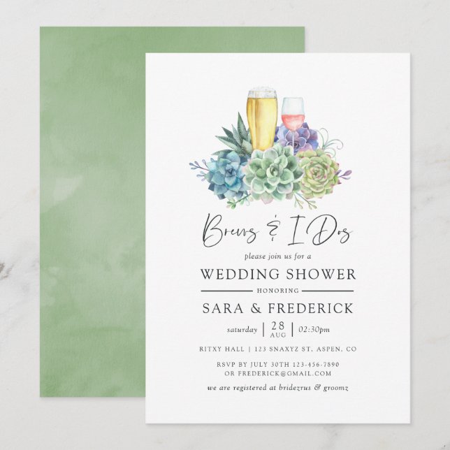 Watercolor Cactus Succulents Brews and I Dos Invitation (Front/Back)
