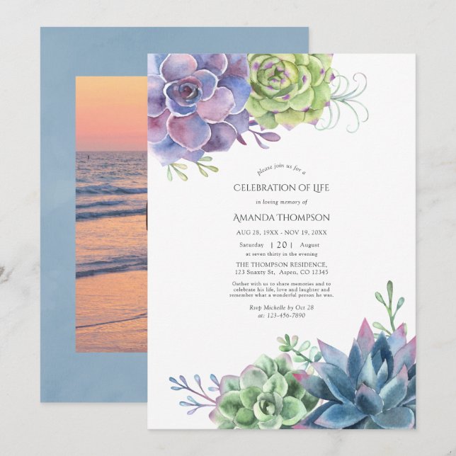 Watercolor Cactus Succulents Celebration of Life Invitation (Front/Back)
