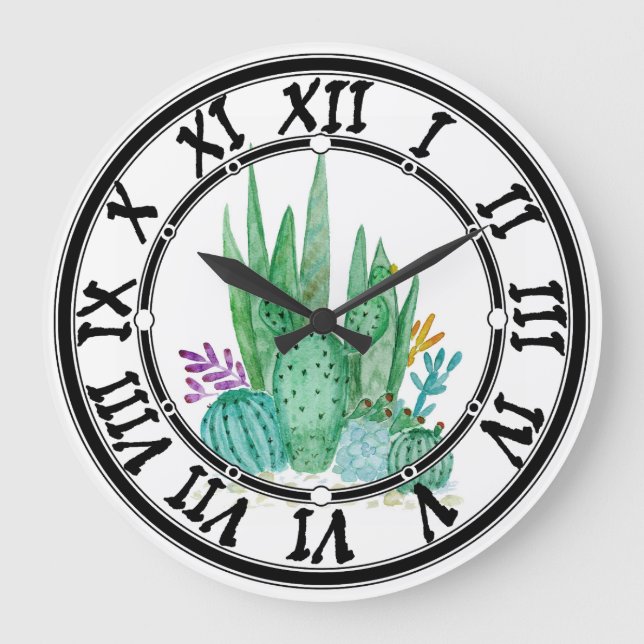 Watercolor , cactus , succulents large clock (Front)