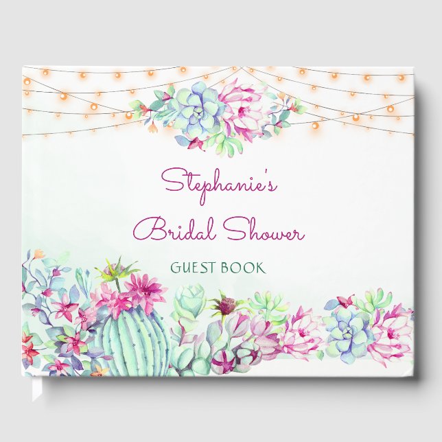 Watercolor Cactus Succulents Lights Bridal Shower Guest Book (Front)