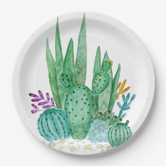 Watercolor , cactus , succulents paper plate (Front)