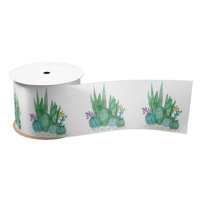 Watercolor , cactus , succulents satin ribbon (Spool)