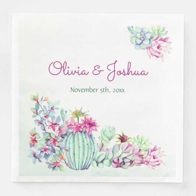 Watercolor Cactus & Succulents Wedding Napkins (Front)