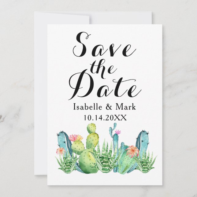 Watercolor Cactus Wedding Save The Date Card (Front)