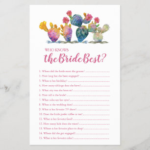Watercolor Cactus Who Knows The Bride Best Game Flyer