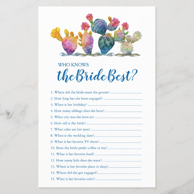 Watercolor Cactus Who Knows The Bride Best Game Flyer (Front)