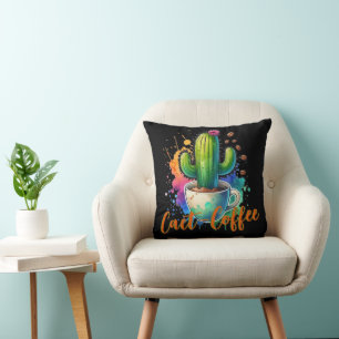 Watercolor Cactus who loves coffee Throw Pillow
