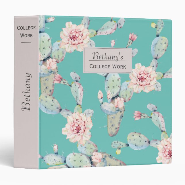 Watercolor Cactus with Flowers Modern Personalised Binder (Front/Spine)