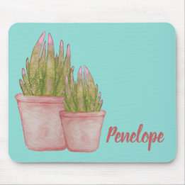 Watercolor Cactus with Your Name Pink and Aqua Mouse Pad