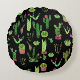 Watercolor Cactuses Plant Seamless Background Round Pillow