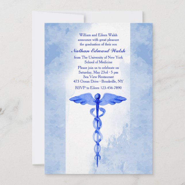 Watercolor Caduceus Invitation (Front)