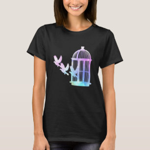 Watercolor Cage Birds Flying Art Bird Watching T-Shirt