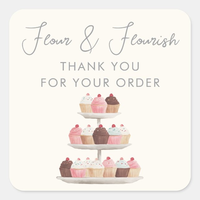 Watercolor Cake Bakery Elegant Script Thank You Square Sticker (Front)