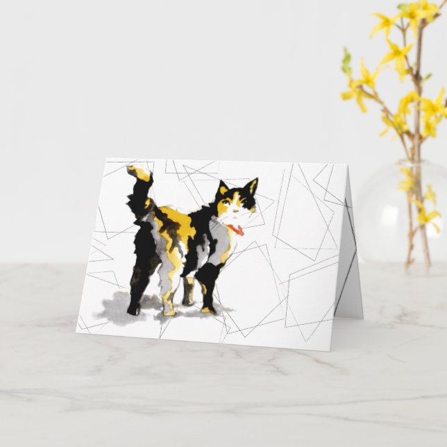 Watercolor Calico Cat Geometric Shapes Card (Yellow Flower)