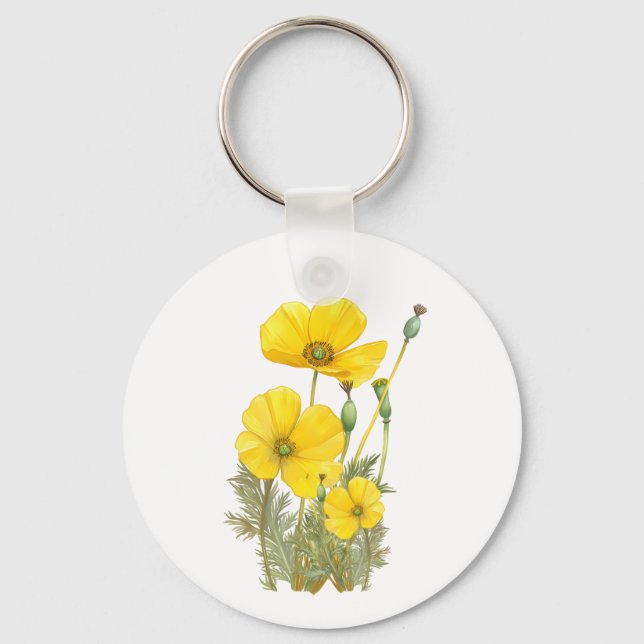 Watercolor California Poppy Yellow  Flower Keychain (Front)