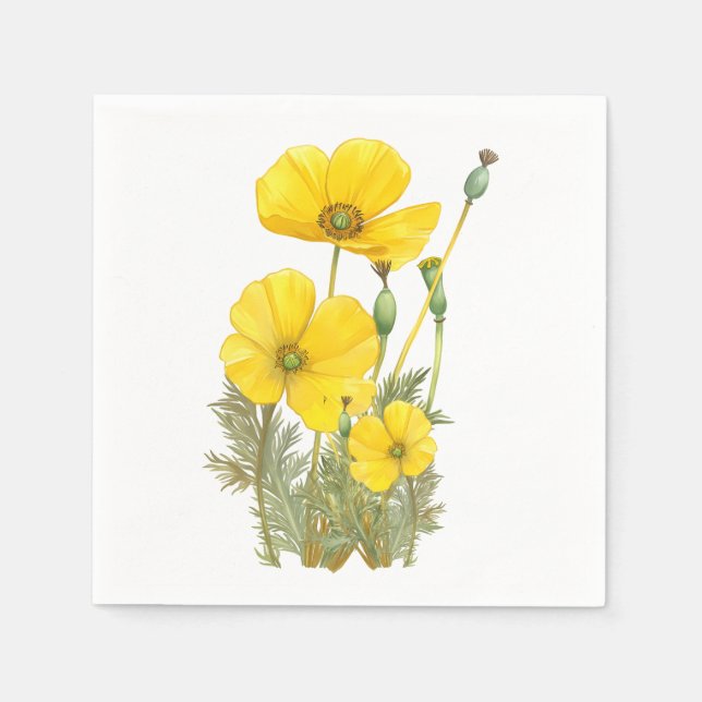 Watercolor California Poppy Yellow  Flower Napkin (Front)