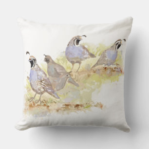 Watercolor California Quail Bird Wildlife Art Throw Pillow