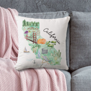 Watercolor California State Art Map Throw Pillow