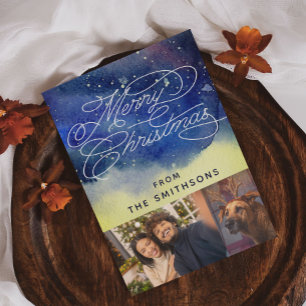 Watercolor & Calligraphy Navy Blue 2 Custom Photos Holiday Card