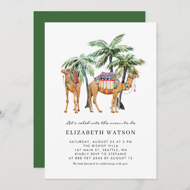 Watercolor Camels & Palm Trees Desert Baby Shower Invitation (Front/Back)