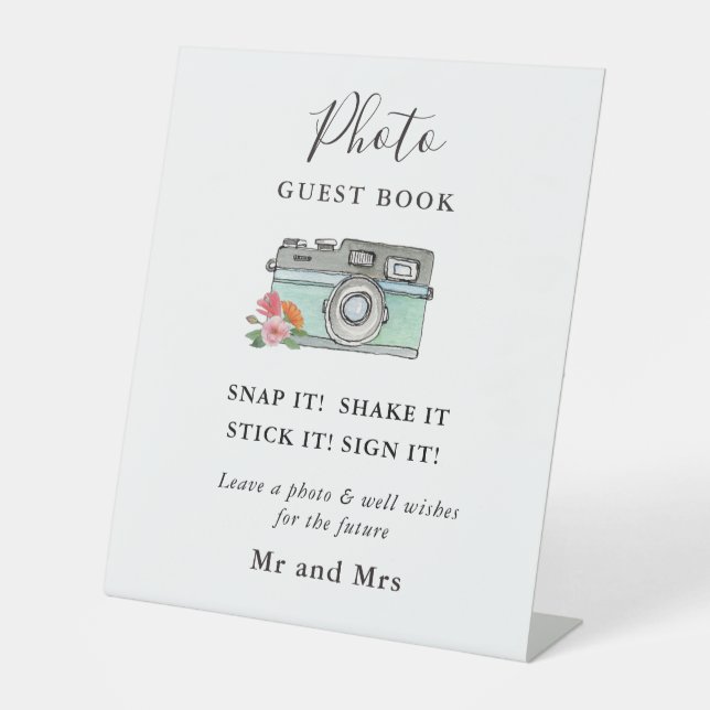 Watercolor Camera Photo Guest Book  Pedestal Sign (Front)