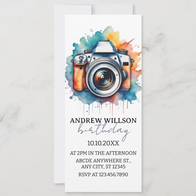watercolor camera photographer BIRTHDAY Invitation (Front)