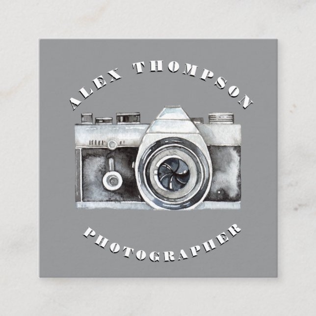Watercolor Camera Photography Lense Custom Square Business Card (Front)