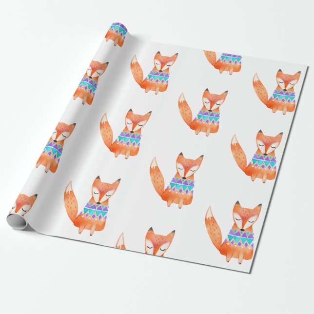 Watercolor Camping Fox Birthday Party Wrapping Paper (Unrolled)