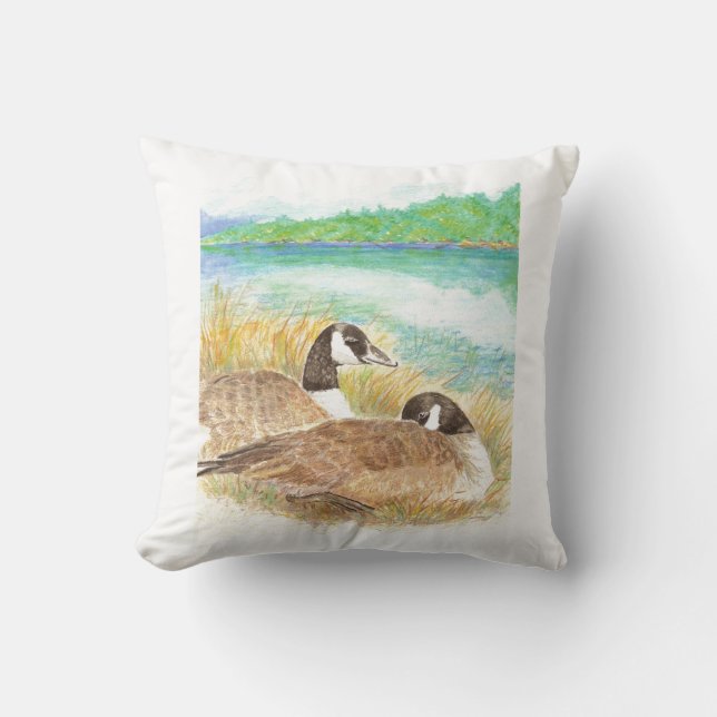 Watercolor Canada Geese Nesting Family Throw Pillow (Front)