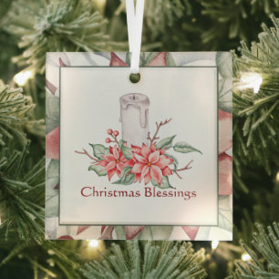 Watercolor candle and poinsettia custom Christmas  Glass Ornament