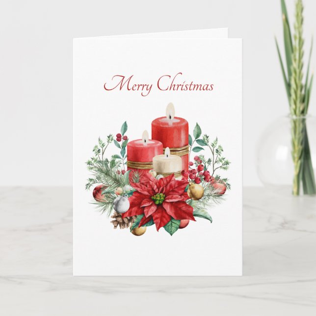 Watercolor Candles and Floral Bouquet Christmas Card (Front)