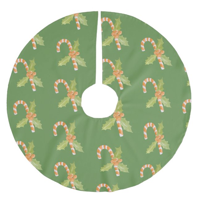 Watercolor Candy Cane & Holiday Brushed Polyester Tree Skirt (Front)