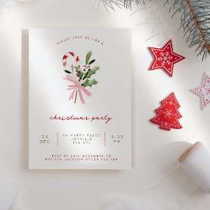 Watercolor Candy Cane Holly & Bow Christmas Party Invitation