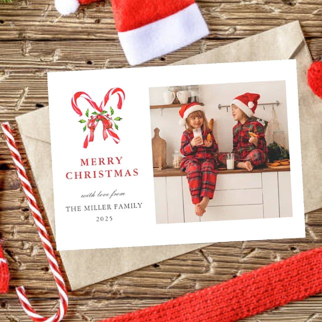 Watercolor Candy cane Merry Christmas photo  Holiday Card (Creator Uploaded)