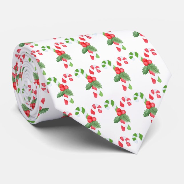 Watercolor Candy Cane Pattern - Christmas Tie (Rolled)