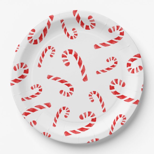 Watercolor Candy Cane Pattern Paper Plate (Front)