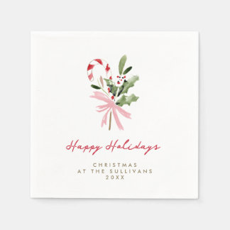 Watercolor Candy Cane Personalized Holiday Party Napkin