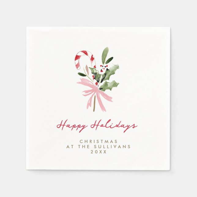 Watercolor Candy Cane Personalized Holiday Party Napkin (Front)