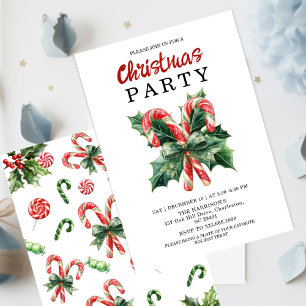 Watercolor Candy Cane & Red Bow Christmas Holiday Invitation