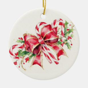 Watercolor Candy Cane Red Bow Holly Ceramic Ornament