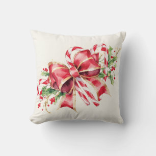 Watercolor Candy Cane Red Bow Holly Throw Pillow