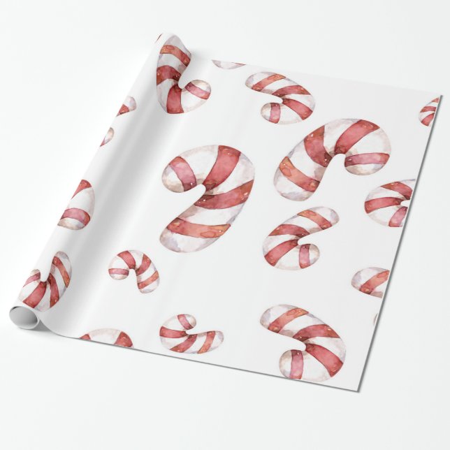Watercolor Candy Canes Christmas  Wrapping Paper (Unrolled)