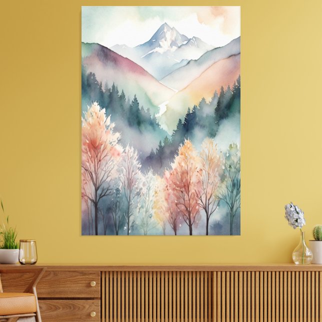 Watercolor Canvas | Abstract Mountains Trees Wall (Insitu(LivingRoom))