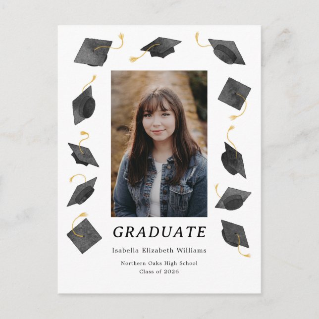 Watercolor Caps Graduation Party Invitation Postcard (Front)