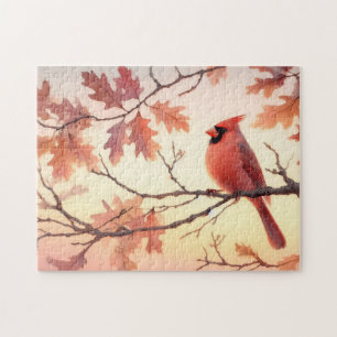 Watercolor Cardinal and Autumn Leaves Jigsaw Puzzle