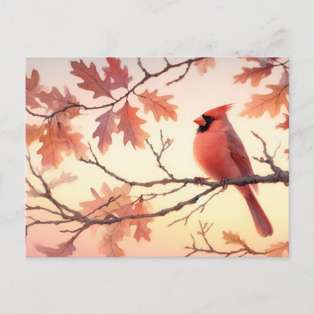 Watercolor Cardinal and Autumn Leaves Postcard (Front)