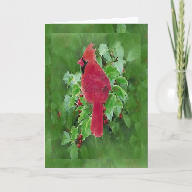 Watercolor Cardinal Bird and Holly Christmas Art Holiday Card (Front)