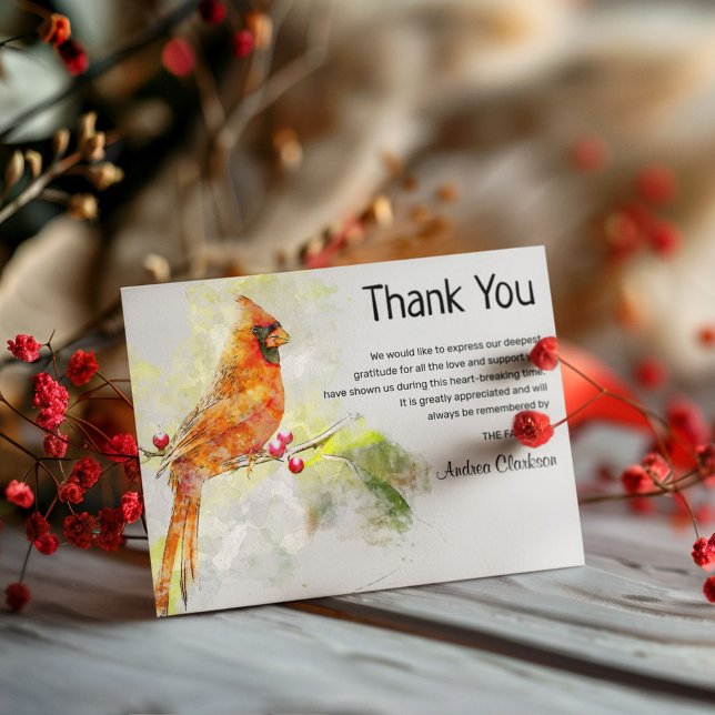 Watercolor Cardinal Bird Funeral Thank You Note Card (Creator Uploaded)